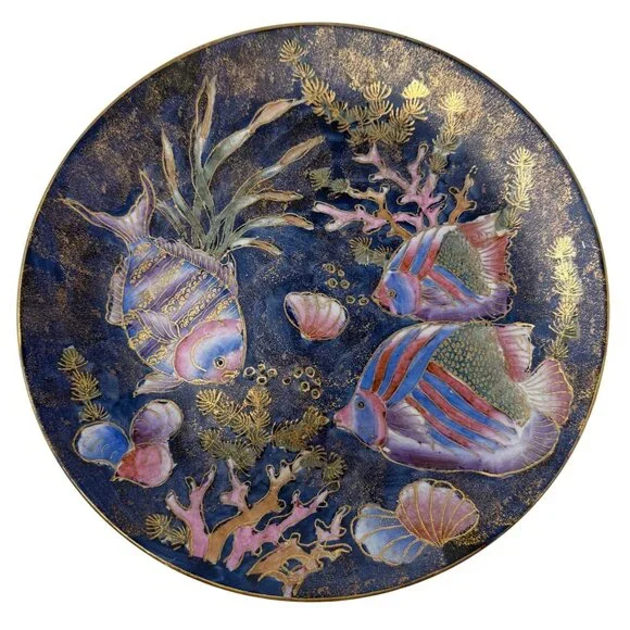 Vtg Cloisonne Qianlong Nan Zhi Chinese Hand Painted Decor Plate Tropical Fish - Picture 1 of 5